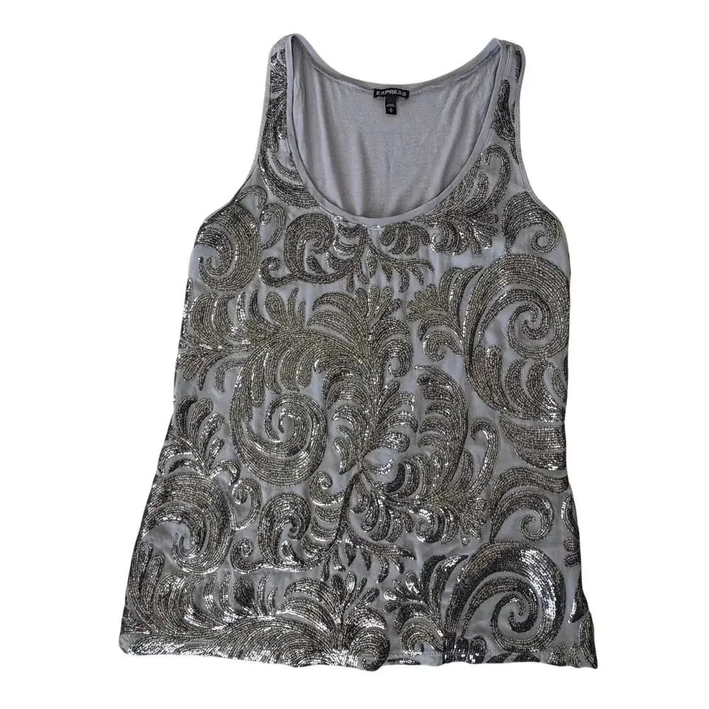 Express Silver Sequin Swirl Tank Top Y2K Glam Metallic Party Indie M Gray - Picture 2 of 7
